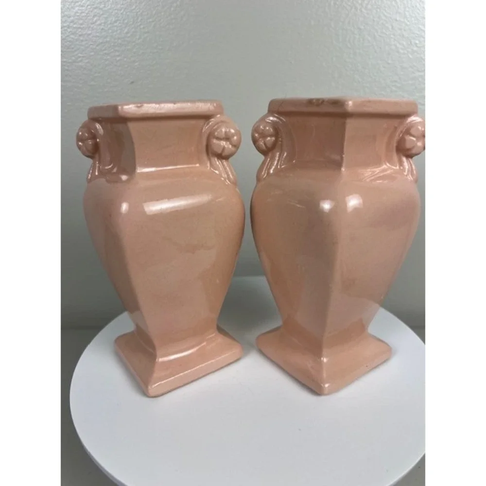 Vintage RRP Co Roseville Ohio Pink Dogwood Floral Miniature Urn Vases Set of 2